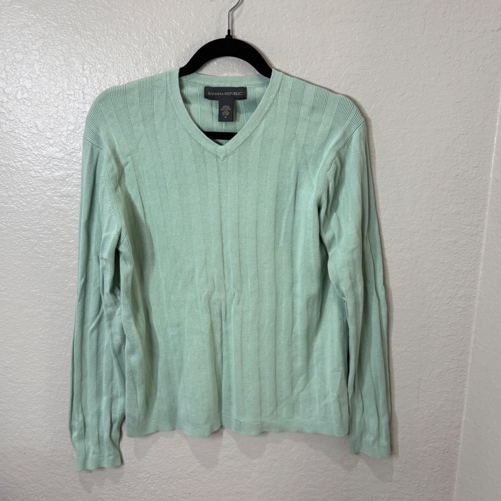 Banana Republic V-Neck Sweater Mint Green Ribbed Cotton Mens M Preppy Vintage